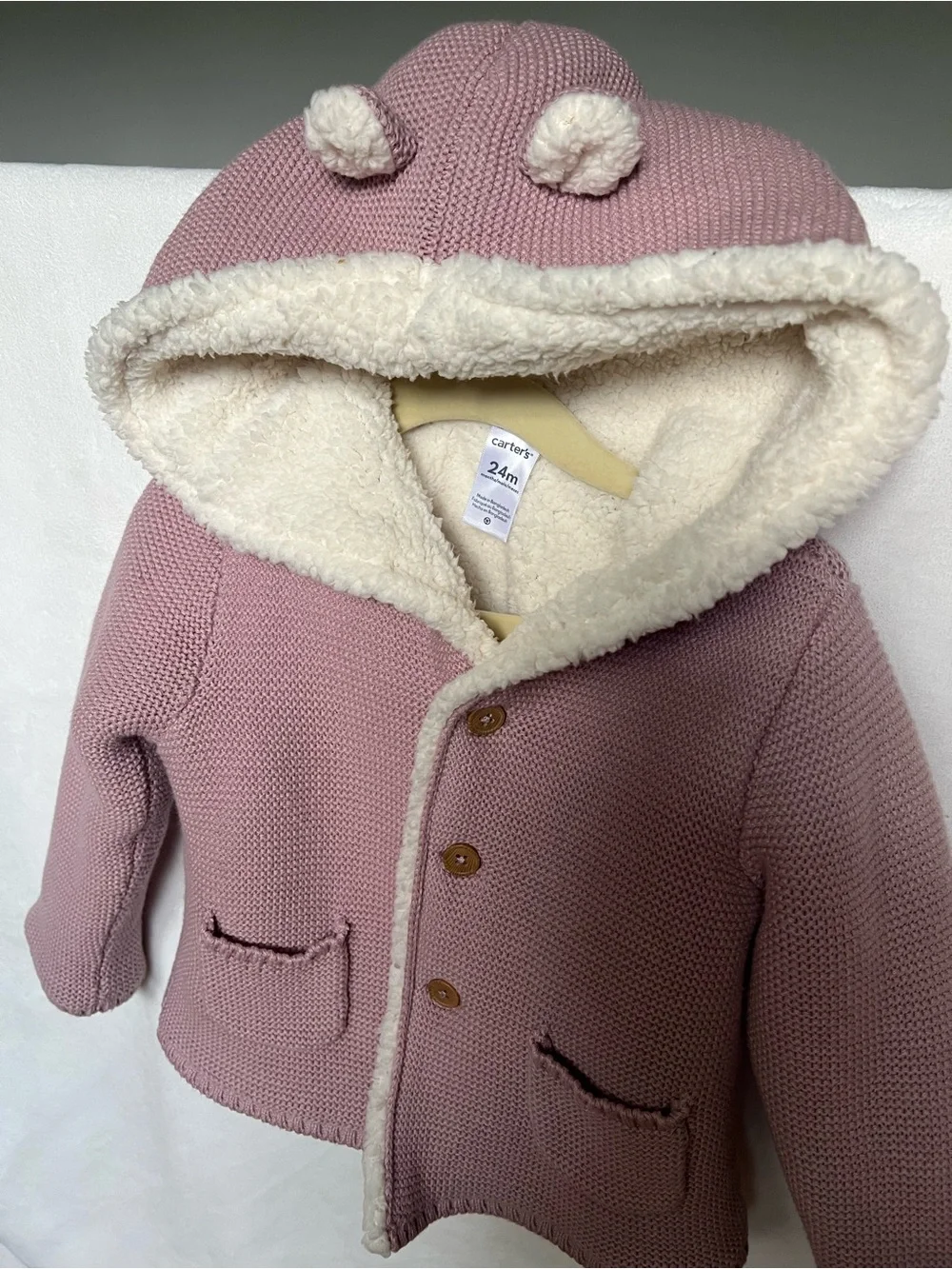 Carter's Dusty Pink Knit Hooded Jacket with Cream Sherpa Lining